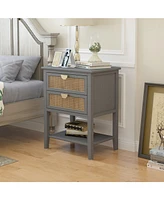 2 Drawer Nightstand Bedside Table with Rattan Drawers Side Table End Table with Storage Small Nightstand with Open Shelf for Bedroom, Blue