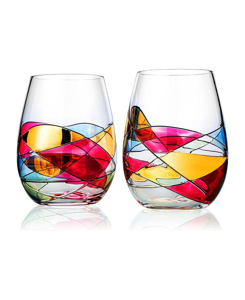 The Wine Savant Artisanal Hand Painted Stemless Wine Glasses, Set of 2