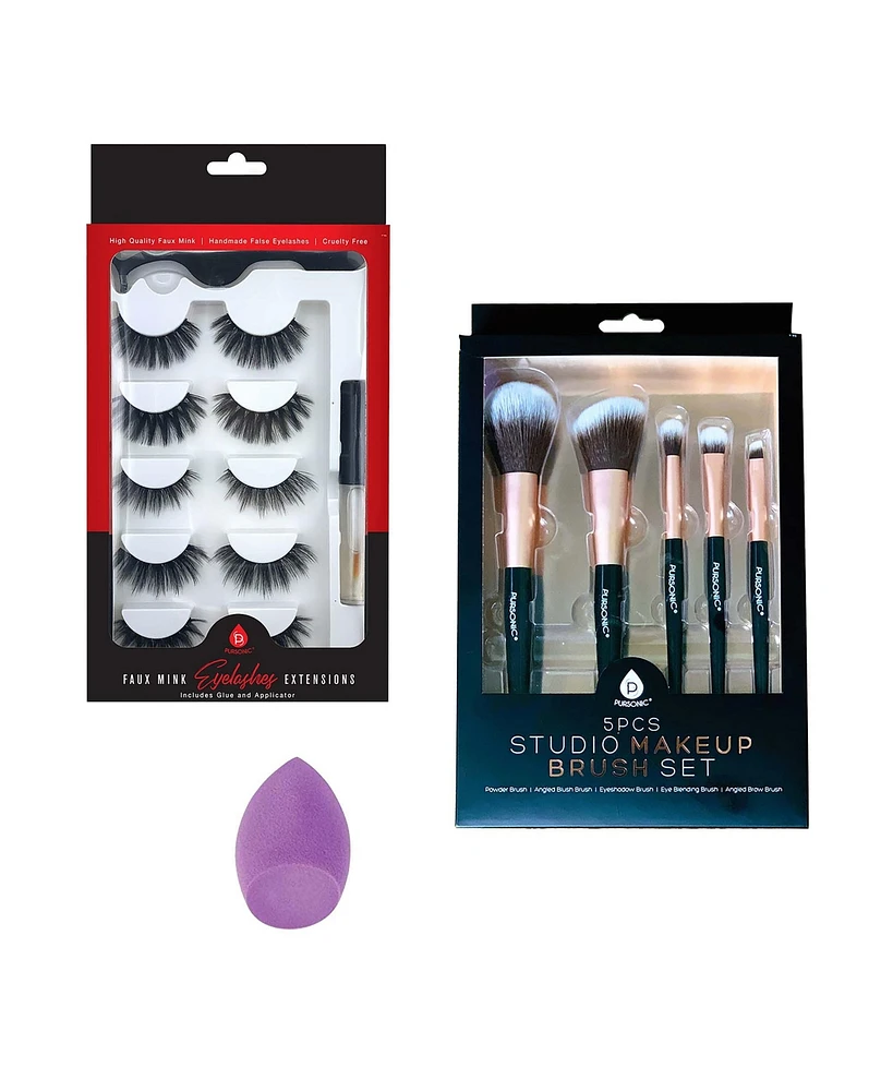 Pursonic Glam Essentials Bundle: 3D Faux Mink Lashes, Makeup Sponge & Brush Set