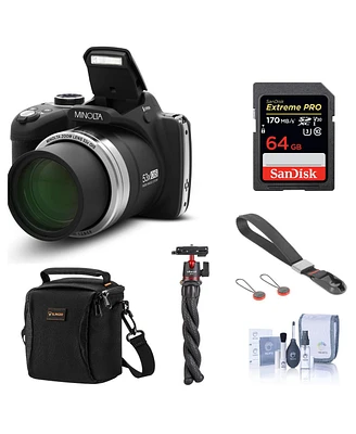 Minolta MN53Z 16MP Fhd Digital Camera with 53x Optical Zoom, Wi-Fi, Black Bundle with Shoulder Bag, 64GB Sd Card, Wrist Strap, Octopus Tripod, Cleanin