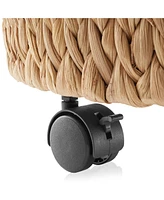 Casafield Rolling Storage Basket - Natural, Handwoven Hyacinth Rolling Hamper with Lid, Storage Bin on Wheels for Living Room, Bathroom, Laundry