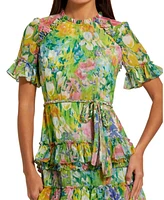 Women's Floral Printed Chiffon Tiered Ruffle Gown