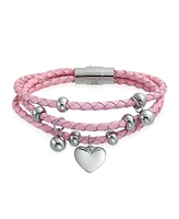 Bling Jewelry Pink or White Wrap Bracelet with Braided Leather and Heart Charms Stainless Steel