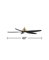 60" Lotus Bay Modern Indoor Outdoor Ceiling Fan 5 Blade Led Light Remote Control Brass Finish Black Blades Bedroom Patio Living Room Kitchen Porch Dam