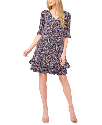 CeCe Women's V-Neck Ruffled Ditsy-Print Shift Dress