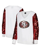 Cuce Women's White/Red San Francisco 49ers Sequin Sleeve V-Neck Pullover Sweatshirt