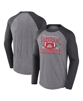 Fanatics Men's Heather Gray Ohio State Buckeyes College Football Playoff 2024 National Champions Vintage Raglan Tri-Blend Long Sleeve T-Shirt