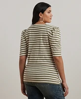 Lauren Ralph Plus Striped Cotton Jersey Puff-Sleeve Tee