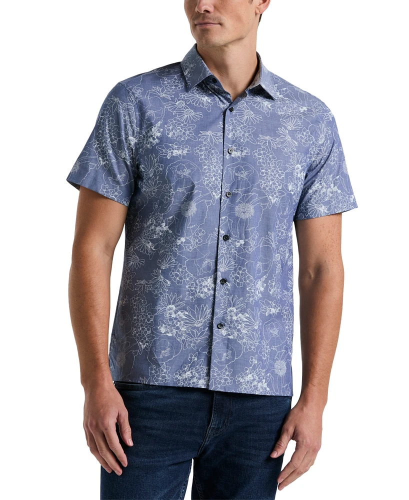 Perry Ellis Men's Chambray Floral Print Short Sleeve Button-Front Shirt