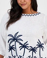 Charter Club Plus Corded Embroidered Linen Top, Exclusively at Macy's