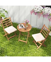 3 Pcs Acacia Wood Patio Bistro Set Folding Outdoor Table and Chairs with Cushions
