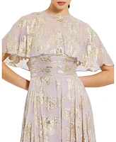 Women's Floral Print High Neck Cape Sleeve A Line Gown