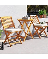 3 Pcs Acacia Wood Patio Bistro Set Folding Table & Chairs with Cushions