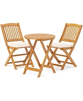 3 Pcs Acacia Wood Patio Bistro Set Folding Table & Chairs with Cushions