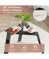 3 Pcs Dining Set for 2 Round Table with Chairs Solid Rubber Wood Frame Modern