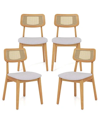 Wooden Rattan Dining Chair Set of 4 with Can Back Rubber Wood Frame Padded Seat