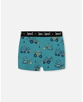 Boy Printed Cotton Boxer Shorts Teal With Yellow Truck - Toddler|Child