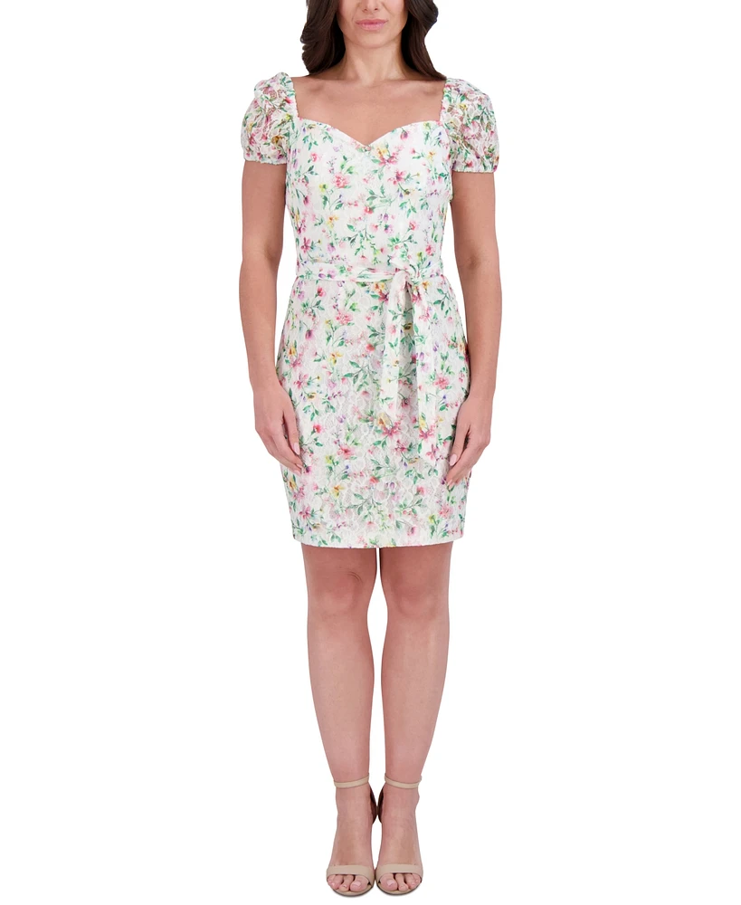 kensie Women's Floral-Print Lace Sweetheart Dress