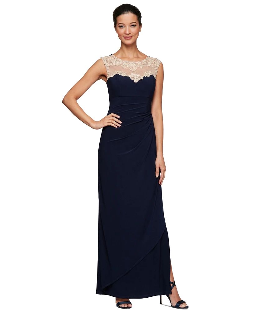 Alex Evenings Petite Embroidered Illusion-Yoke Gown