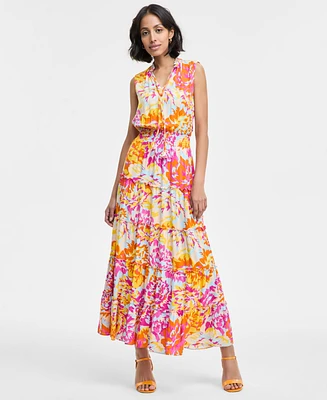 Msk Women's Printed Ruffle-Collar Tiered Maxi Dress