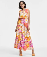 Msk Women's Printed Ruffle-Collar Tiered Maxi Dress