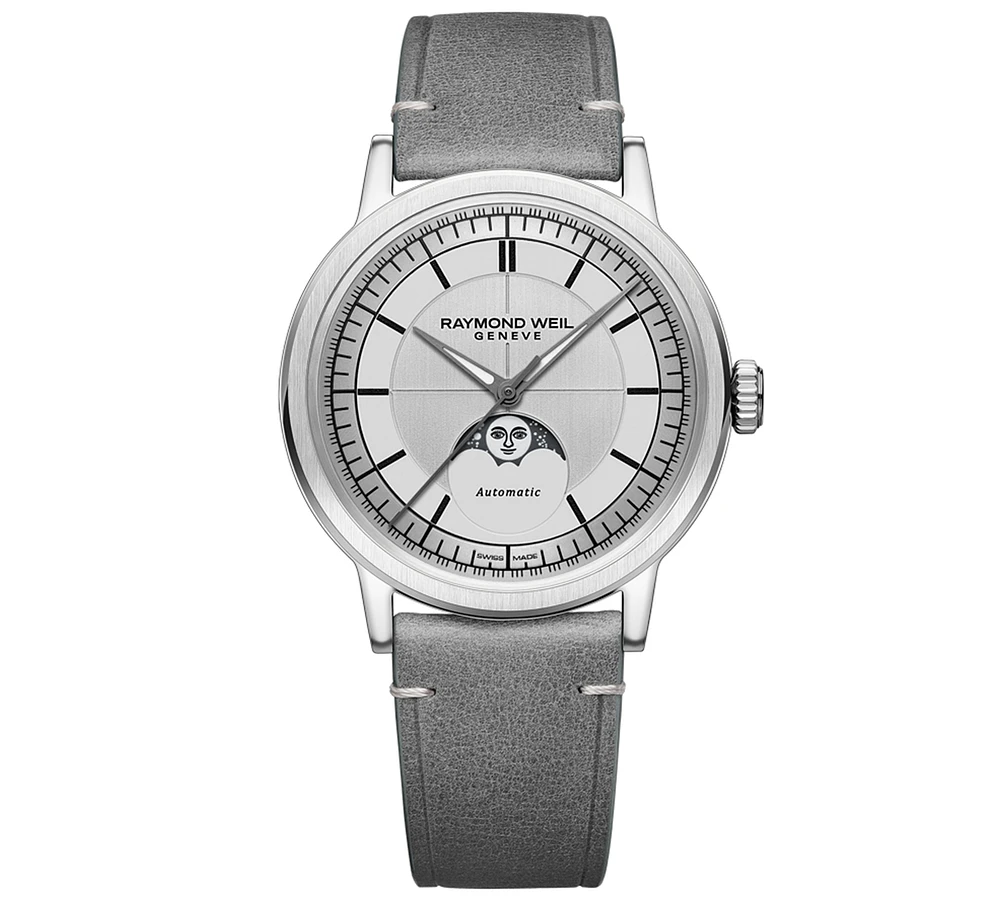 Raymond Weil Men's Swiss Automatic Millesime Moon Phase Gray Leather Strap Watch 40mm