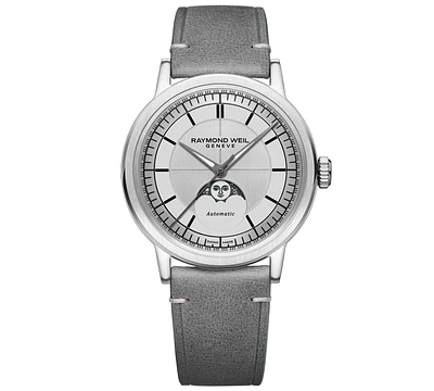 Raymond Weil Men's Swiss Automatic Millesime Moon Phase Gray Leather Strap Watch 40mm