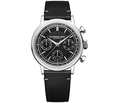 Raymond Weil Men's Swiss Automatic Chronograph Millesime Black Leather Strap Watch 40mm