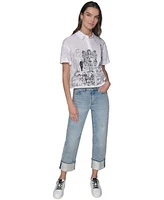 Karl Lagerfeld Paris Womens Cotton Crop Paris Scene Button Front Top High Rise Embellished Jeans