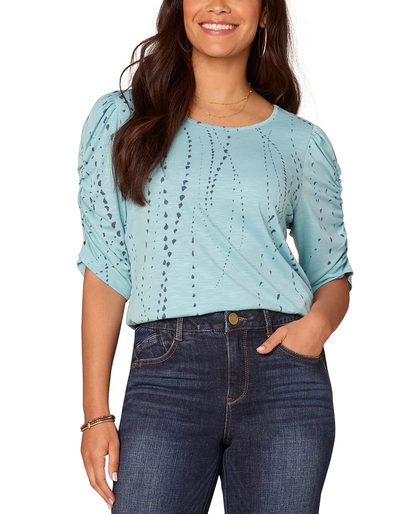 Democracy Petite Printed Ruched-Sleeve Scoop-Neck Top