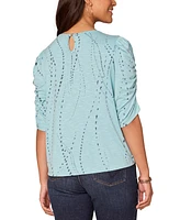 Democracy Petite Printed Ruched-Sleeve Scoop-Neck Top