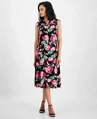 Kasper Womens Floral Cowlneck Cap Sleeve Top Floral Flared Pull On Midi Skirt