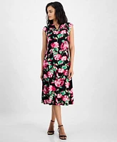Kasper Womens Floral Cowlneck Cap Sleeve Top Floral Flared Pull On Midi Skirt