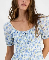 Kingston Grey Juniors' Floral-Print Cotton Puff-Sleeve Mini Dress