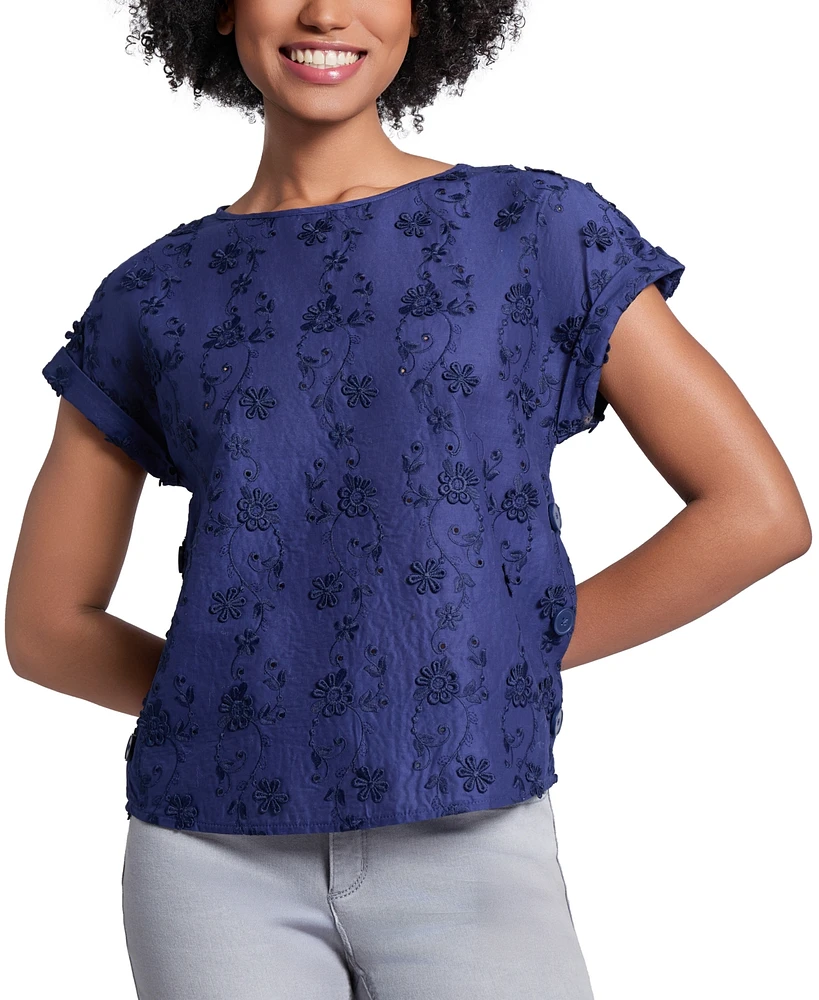 Jones New York Women's Cotton Floral-Eyelet Crewneck Top