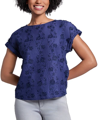 Jones New York Women's Cotton Floral-Eyelet Crewneck Top