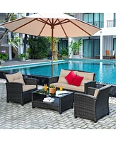 4 Pieces Outdoor Rattan Furniture Set with Glass Table