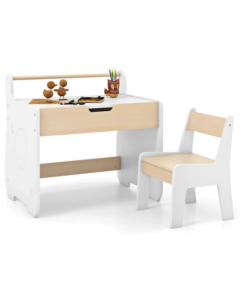 3 In 1 Kids Wood Table and Chair Set with Detachable Tabletop Hidden Storage Paper