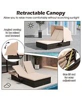 2-person Rattan Lounge Bed with Retractable Canopy 5-position Adjustable Backrest