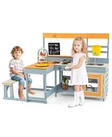 Fir Wood Play Kitchen with Kids Picnic Table and Built-in Bench