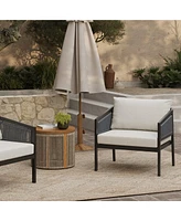 LuxenHome Outdoor Black Steel with Pe Rope Armchairs with Cushions, Set of 2
