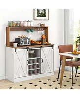 47.5" Farmhouse Coffee Bar Cabinet with Charging Station Glass Cup Holders Hutch