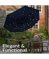 10 ft Outdoor Patio Umbrella with Tilt and Crank - 3-Tier Vented Outdoor Table Umbrella - Navy Blue - With Solar Lights