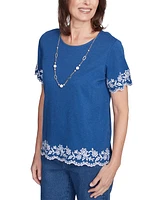 Alfred Dunner Petite Embroidered Scalloped-Trim Necklace Top