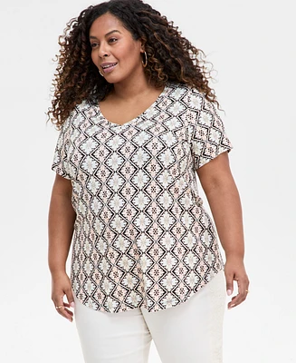 Jm Collection Plus Printed Scoop-Neck Top