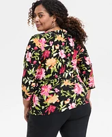 Jm Collection Plus Printed 3/4-Sleeve Top