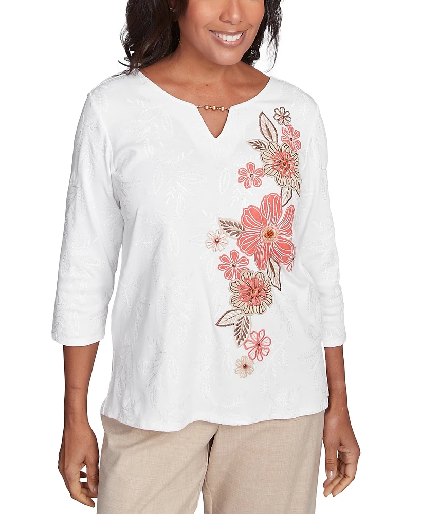 Alfred Dunner Petite Floral-Embroidered Split-Neck Top