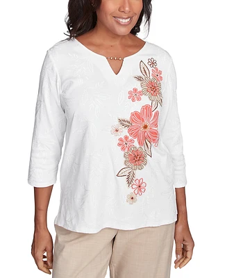 Alfred Dunner Petite Floral-Embroidered Split-Neck Top