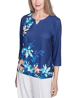 Alfred Dunner Petite Beaded Split-Neck Asymmetric-Floral Top