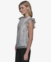 Karl Lagerfeld Paris Women's Dot-Print Organza Flutter-Sleeve Blouse